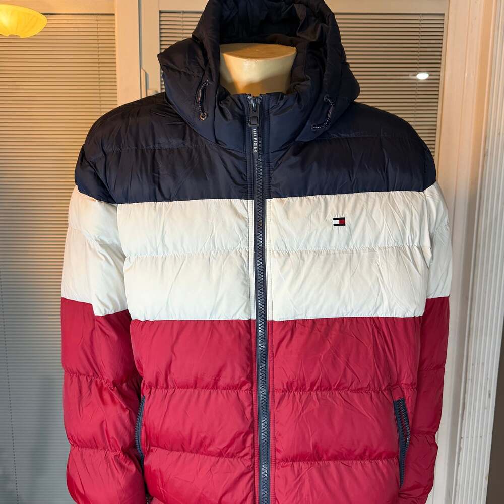 Tommy Hilfiger Men's Puffer Hooded Puffer Jacket Red White Blue